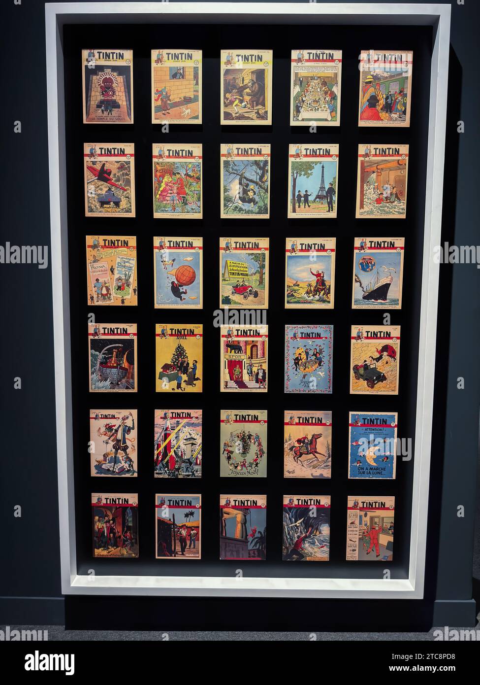 Assorted covers of The Adventures of Tintin comic books by Herge.    'Comic, Dreams and History' exhibition at CaixaForum proposes a tour of some of t Stock Photo