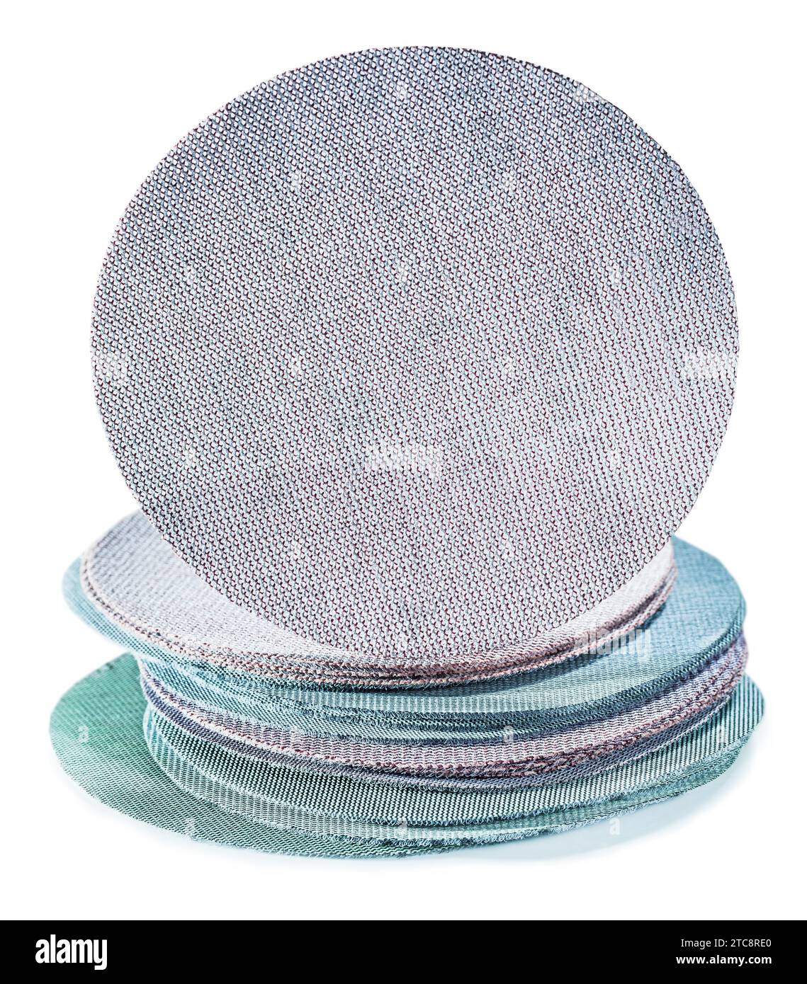 Sanding tools Adhesive dust-free sanding discs Stack with Randoms grits isolated Stock Photo
