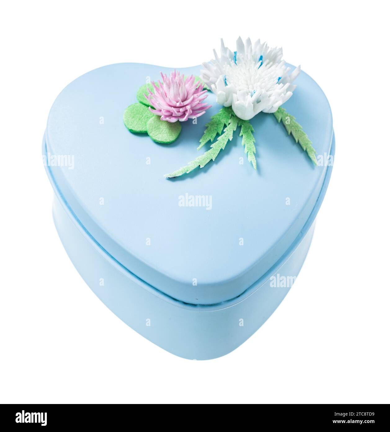 Blue decorated heart-shaped gift box against a white background Stock Photo