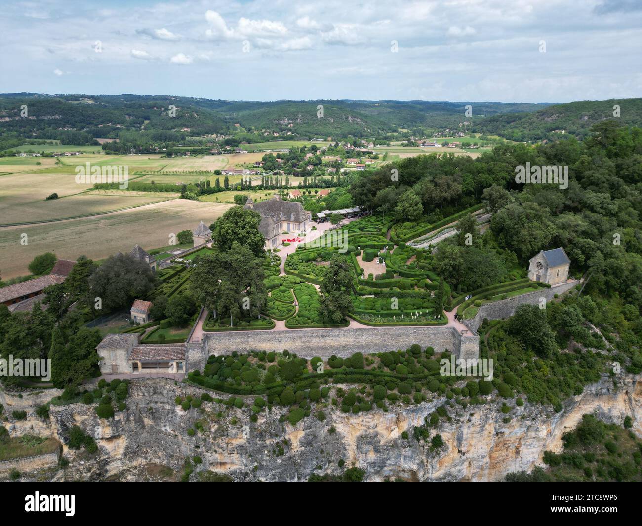Marqueyssac gardens Dordogne perched high on cliff edge France Drone , aerial , view from air Stock Photo
