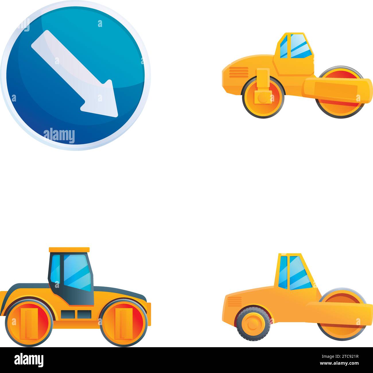 Road roller icons set cartoon vector. Heavy construction vehicle. Road