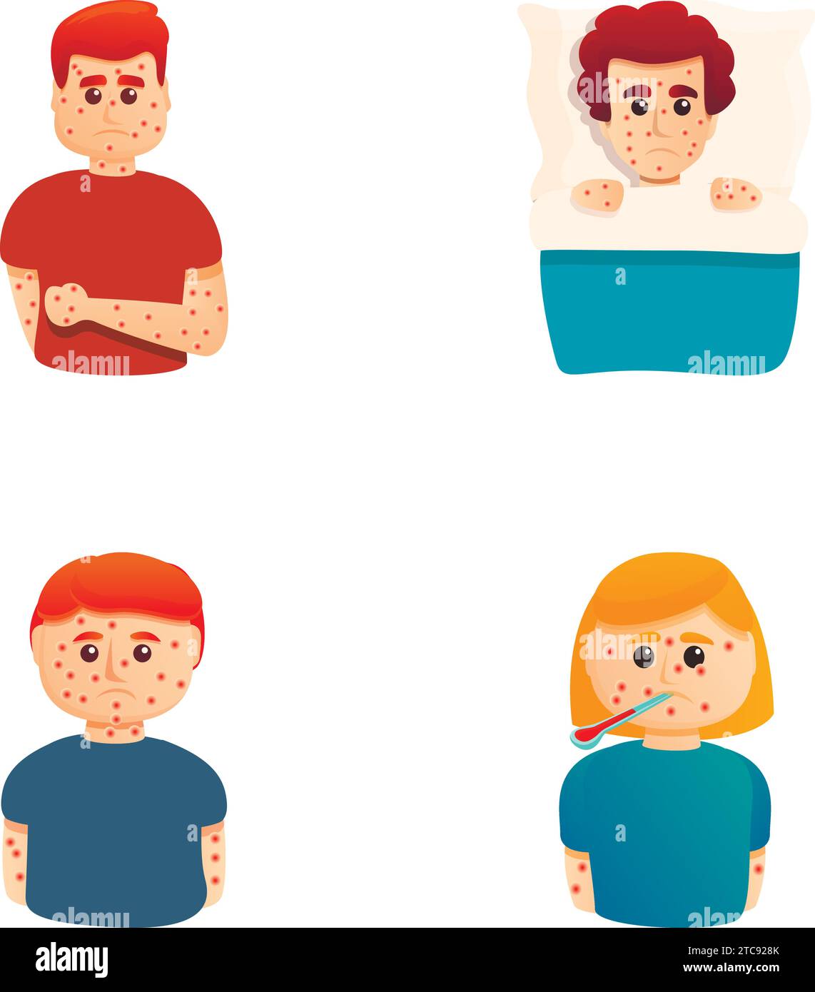 Sick person icons set cartoon vector. People with itchy, blistered skin. Viral disease, illness Stock Vector