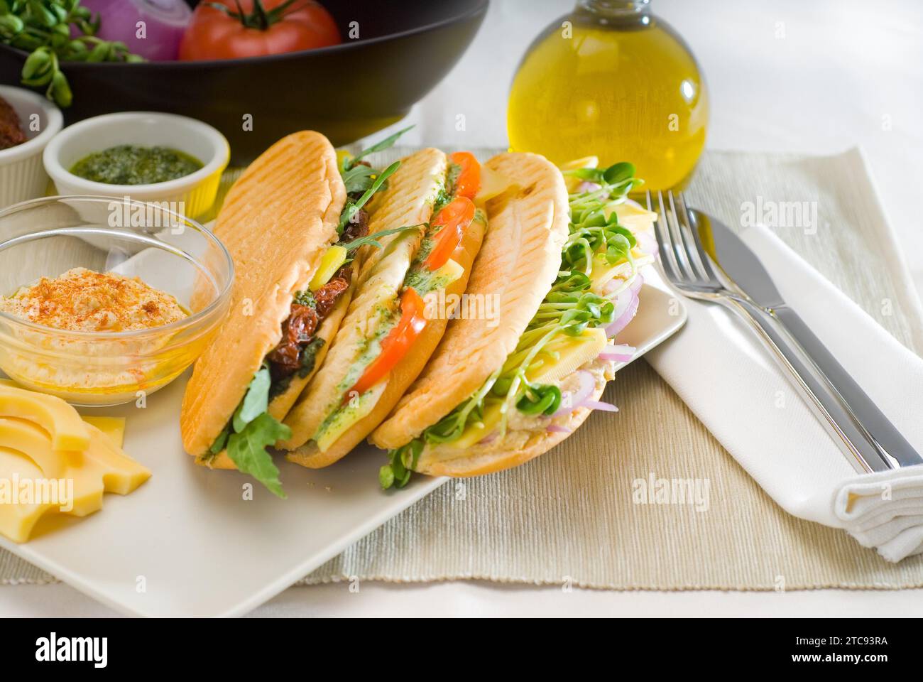 Assortment of fresh homemade vegetarian italian panini sandwich, typical italian snack Stock Photo