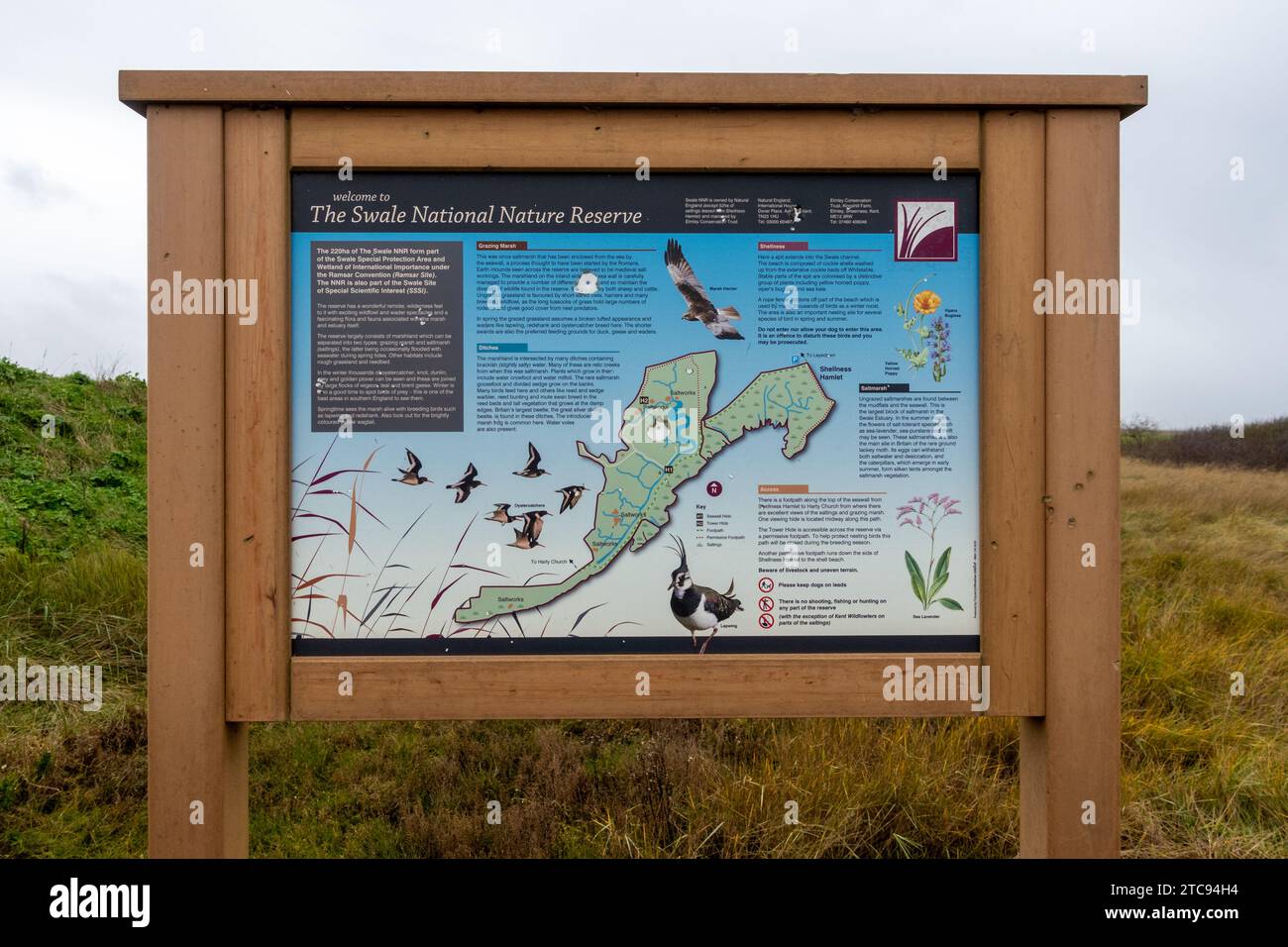 Welcome to Swale National Nature Reserve sign, information board at the coastal wildlife site on the Isle of Sheppey, Kent, England, UK Stock Photo