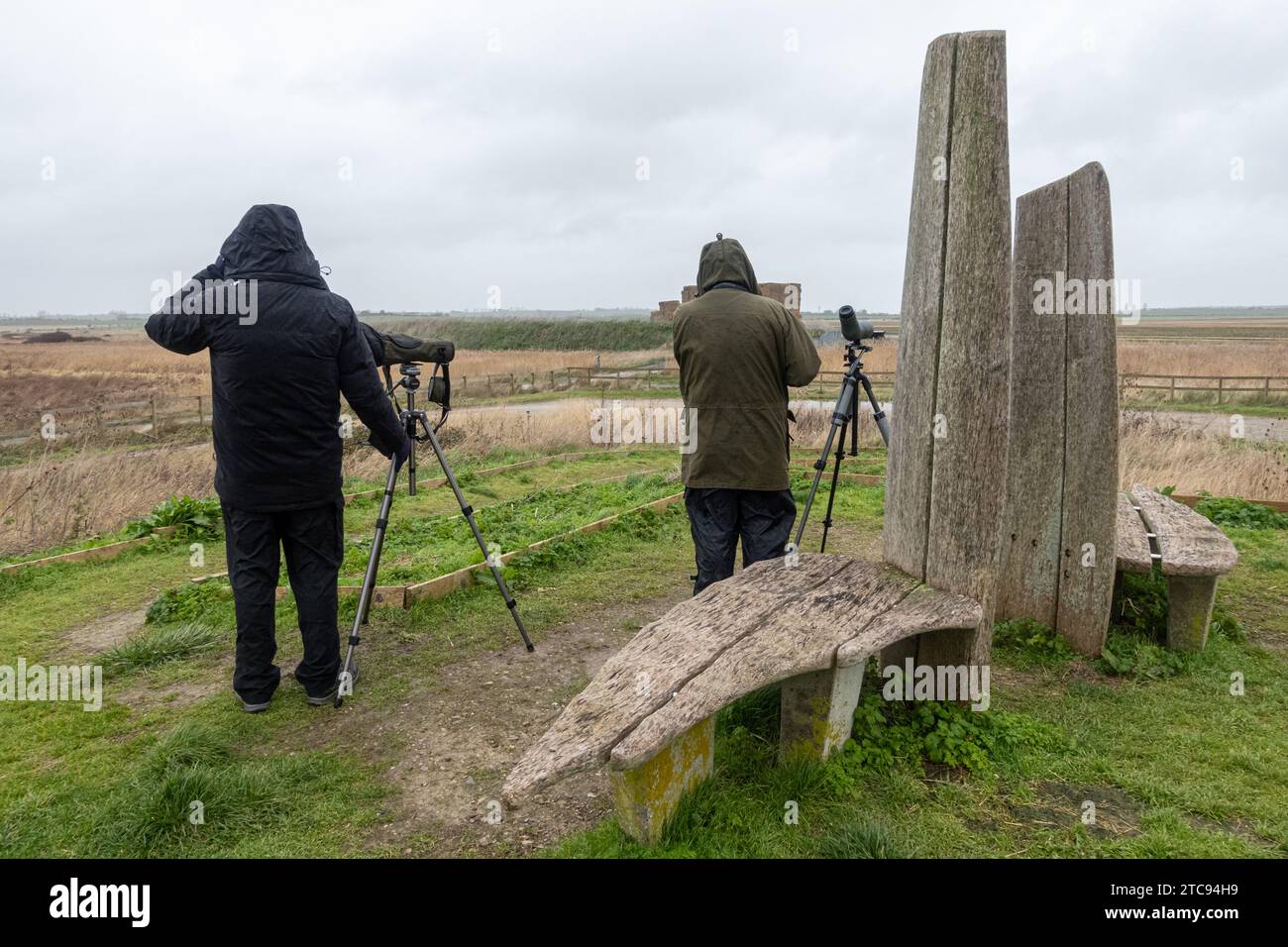 Two birdwatchers at RSPB Capel Fleet Raptor Viewpoint, Isle of Sheppey, Kent, England, UK, during winter Stock Photo