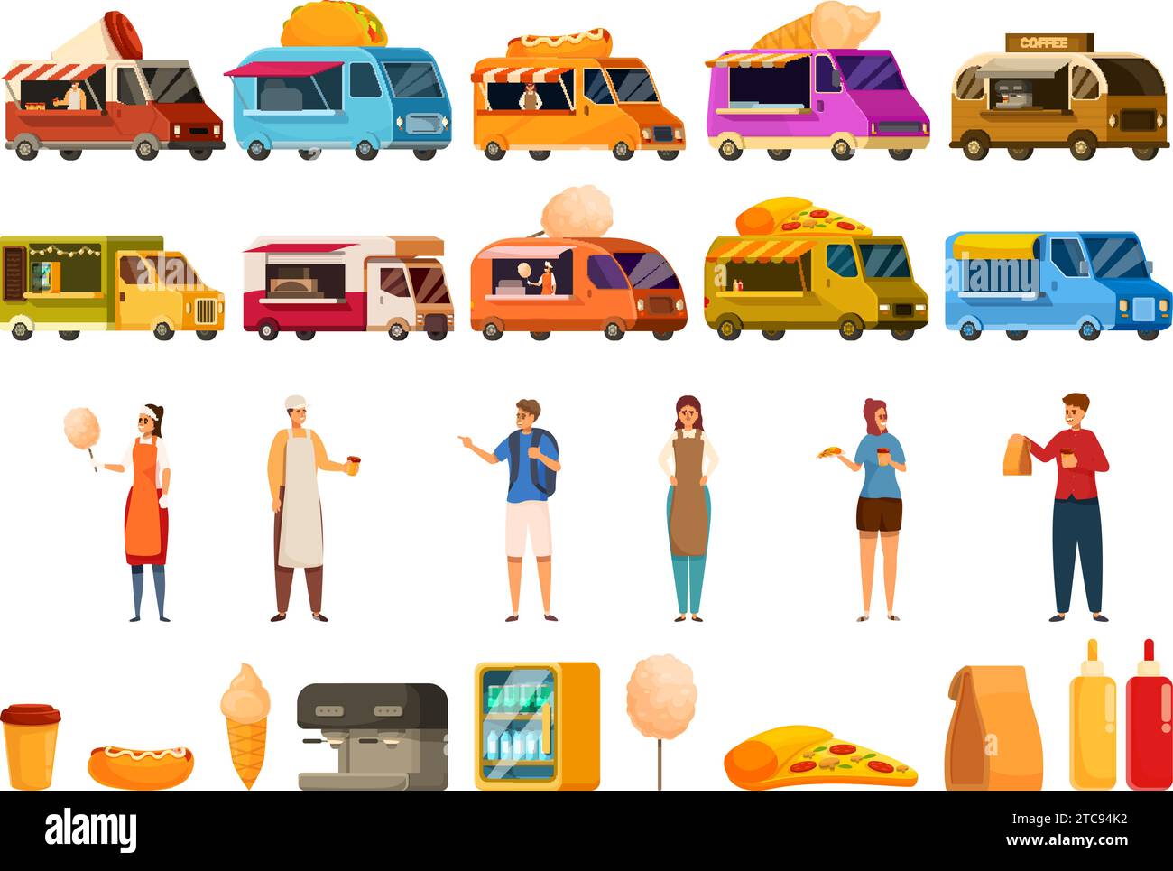 Cafe on wheels icons set cartoon vector. Truck food. Candy snack van ...