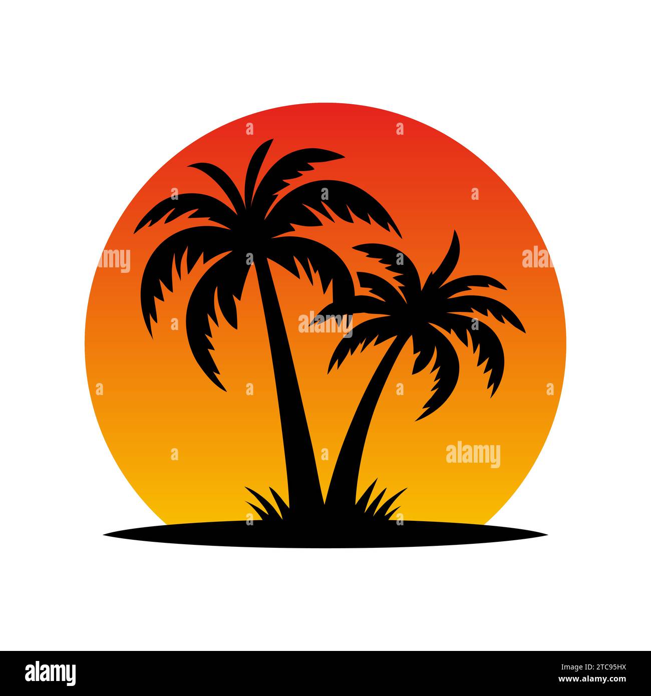 Island palm tree and sun icon. Tropical black silhouette jungle plants ...