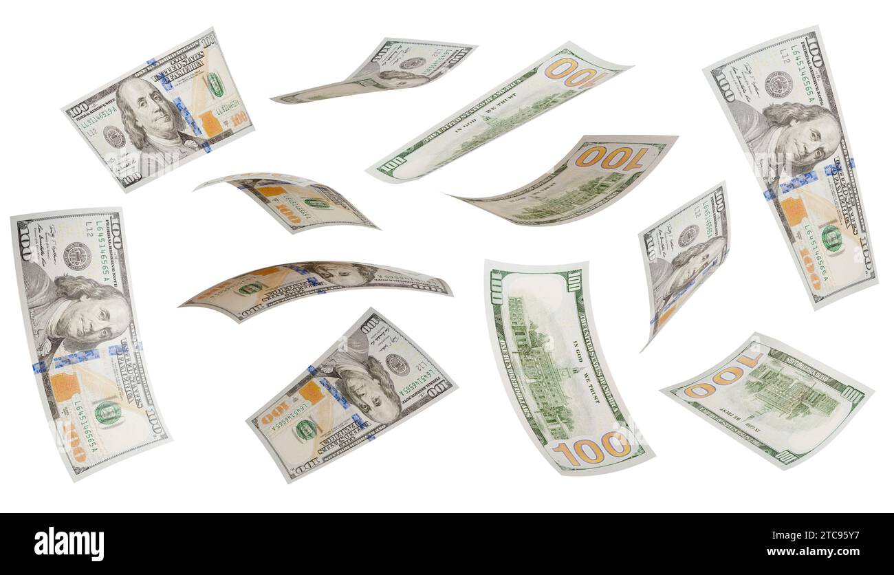 Collection of Falling One Hundred Dollar Bills Isolated on a White Background. Stock Photo