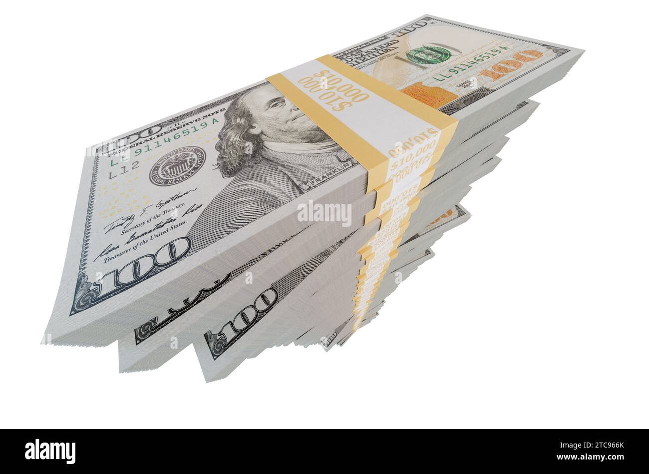 Tall Stack of One Million Dollars in One Hundred Dollar Bills Isolated on a White Background. Stock Photo