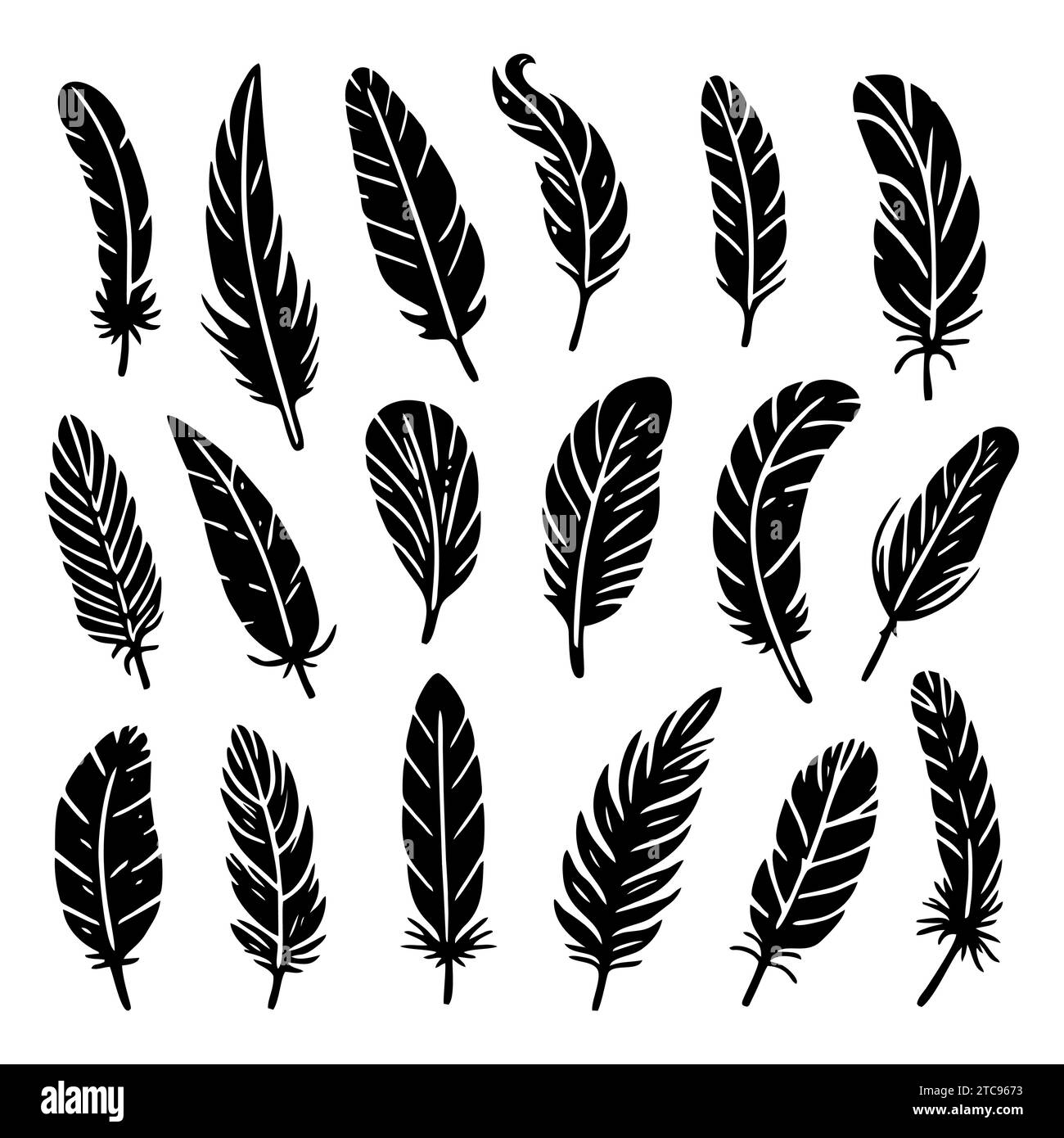 A collection of bird feathers set icon. Feather silhouette. Vintage pen ...