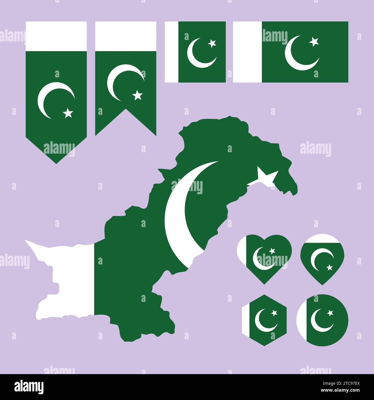 Set of Pakistani Flag Map illustration Vector Icon Map of Pakistan Green Flag Asian country Stock Vector