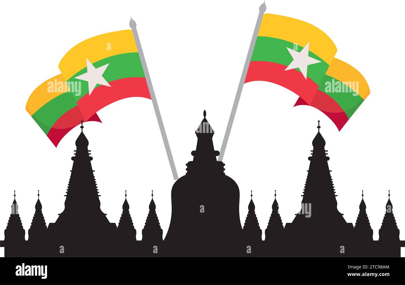 myanmar bagan temple and flags Stock Vector