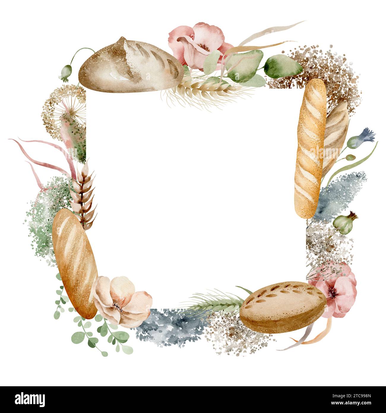 Bread baking frame template. Watercolor illustration of food and flowers on an isolated background. Cafeteria background and menu design. Stock Photo