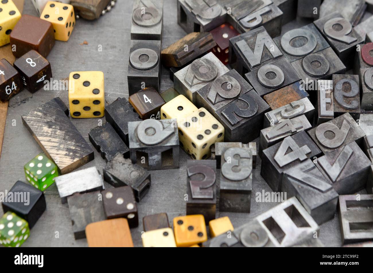 Dice for sale at Hells Kitchen flea market in New York City Stock Photo