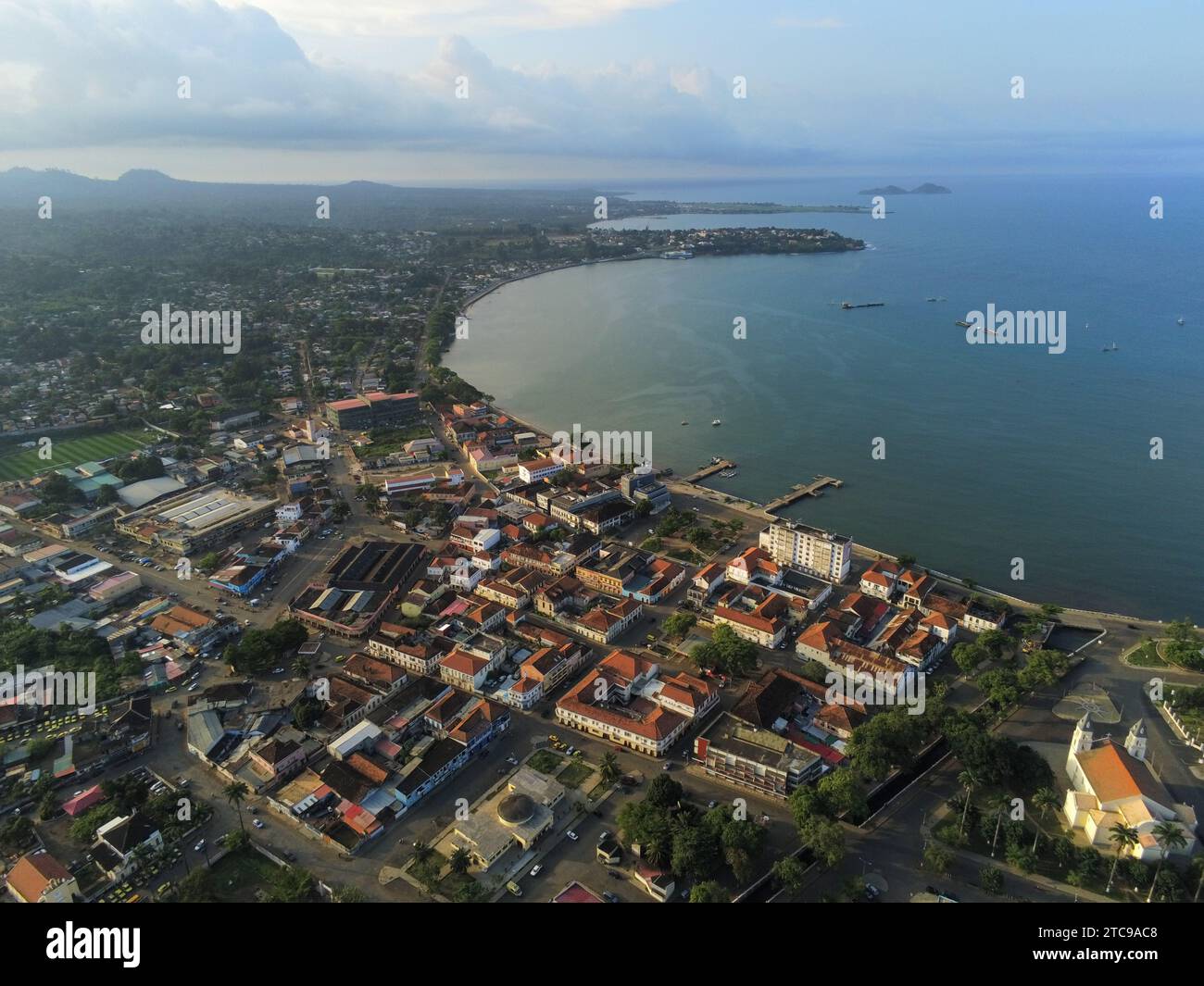 An aerial view from Sao Tome city with the coast as background, Africa. Stock Photo