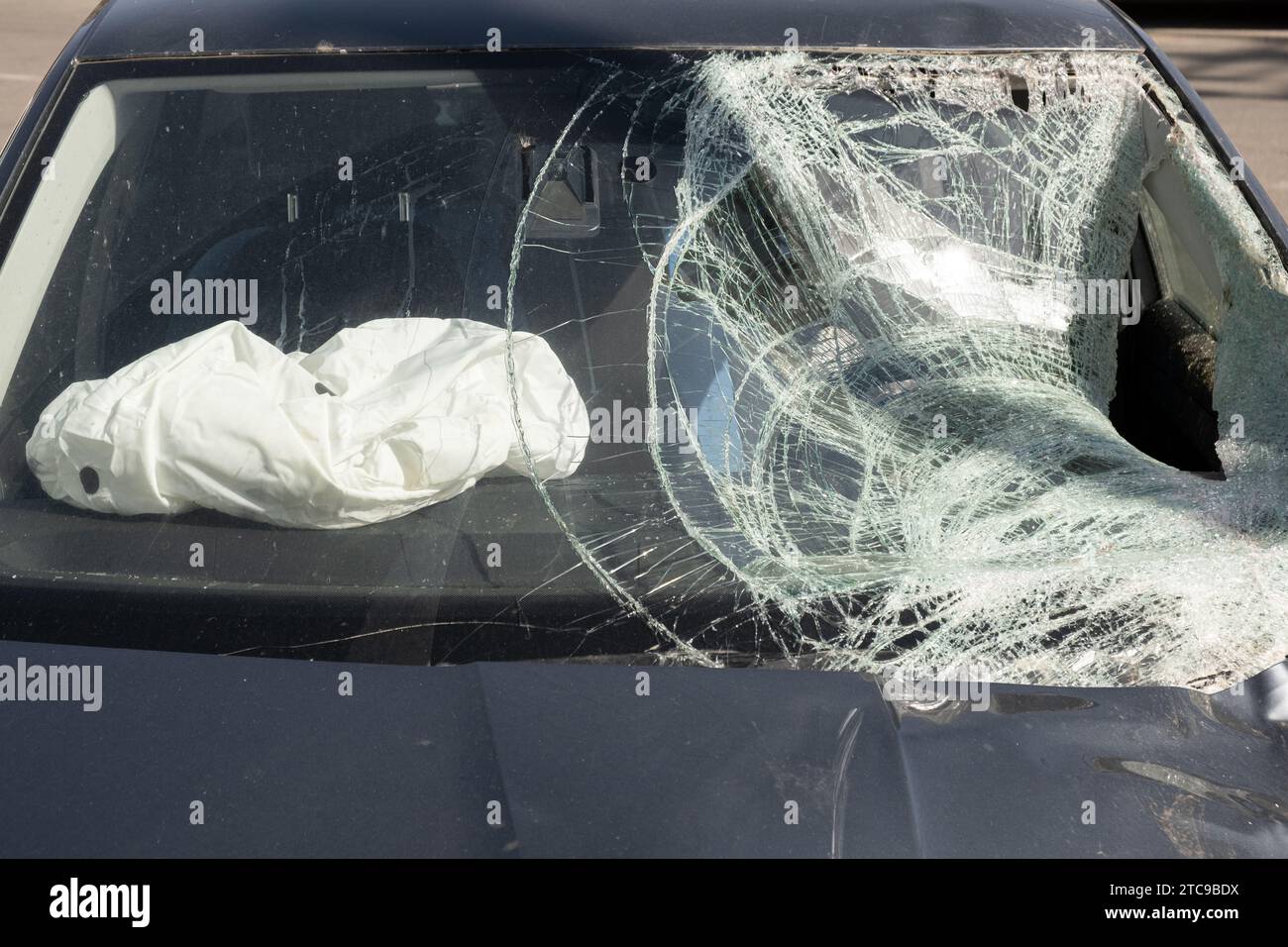 The car after impact deployed opened front airbags. Fast driving