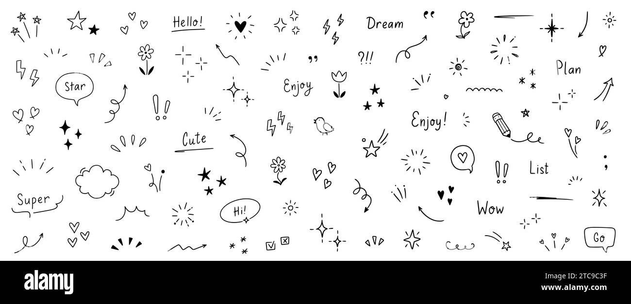 Doodle cute star, heart, arrow pen line elements. Doodle heart ...