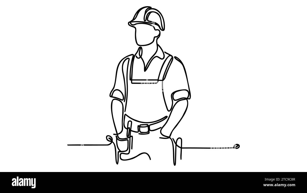 Single continuous line drawing of young attractive foreman controlling ...