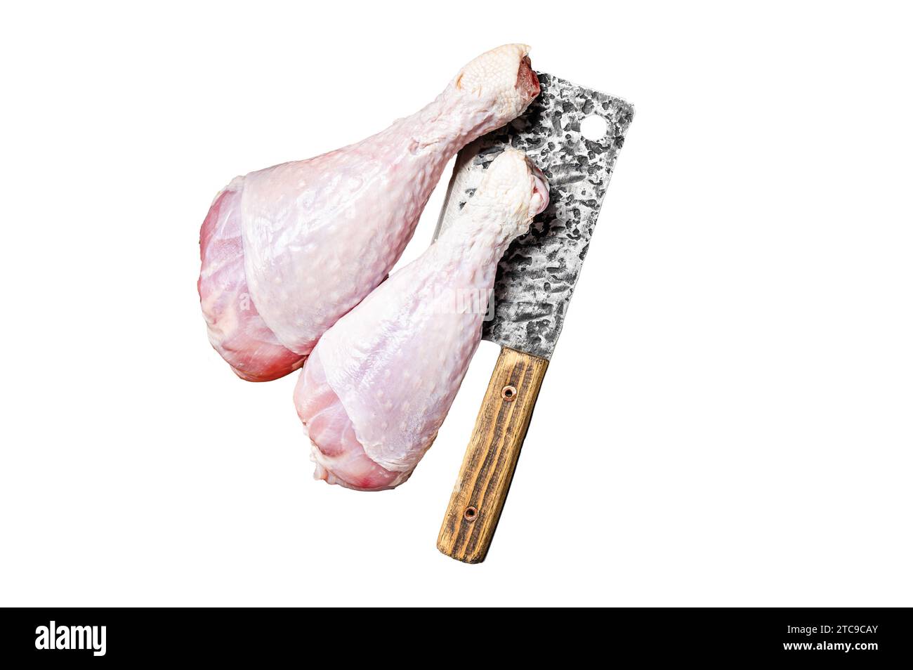 Fresh turkey legs Drumsticks, raw Poultry meat with butcher cleaver