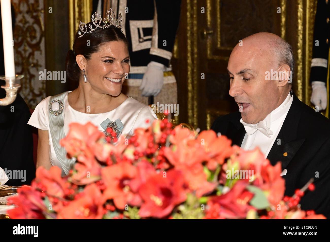 Stockholm, Sweden. 11th Dec, 2023. STOCKHOLM, SWEDEN 20231211Crown Princess Victoria and Physiology or Medicine Laureate Drew Weissman at the King's Dinner for Nobel Laureates at the Royal Palace on Monday evening. Photo: Jonas Ekströmer/TT/Code 10030 Credit: TT News Agency/Alamy Live News Stock Photo