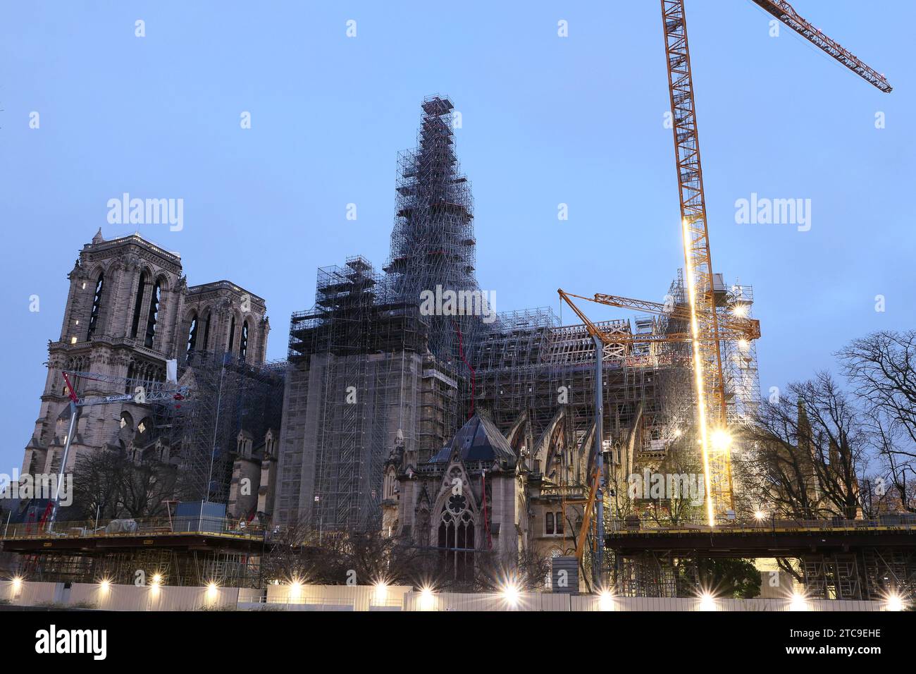 Paris, France. December 10. 2023. Notre Dame de Paris cathedral. Famous monument dating from the 14th century. Currently under reconstruction. Stock Photo