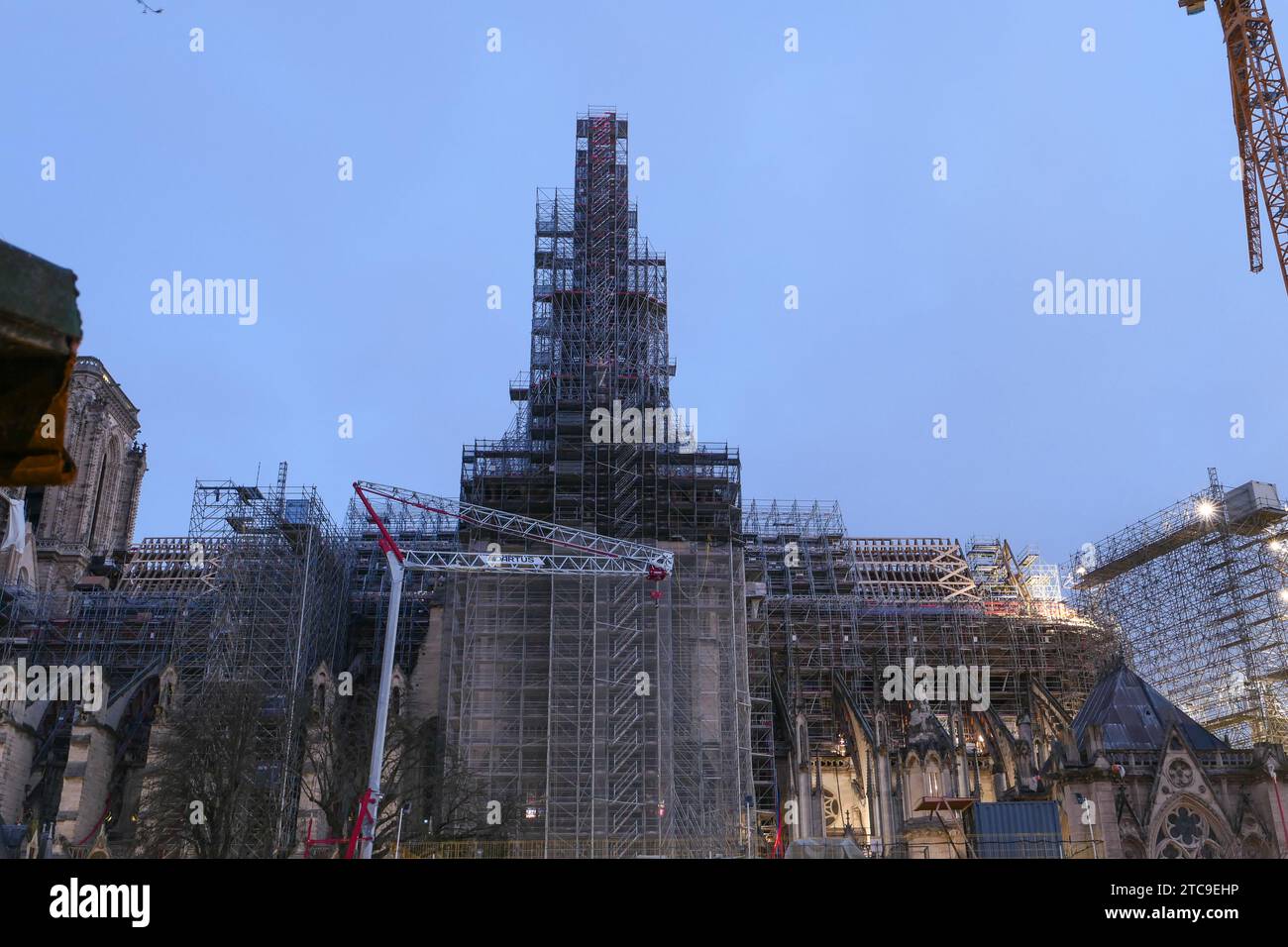 Paris, France. December 10. 2023. Notre Dame de Paris cathedral. Famous monument dating from the 14th century. Currently under reconstruction. Stock Photo