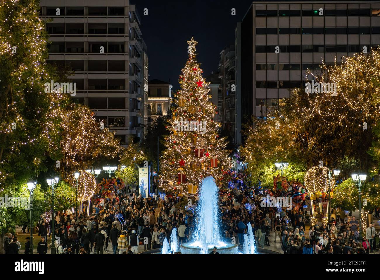 Athens, Greece - 4 December 2023: Christmas tree and lights at night in