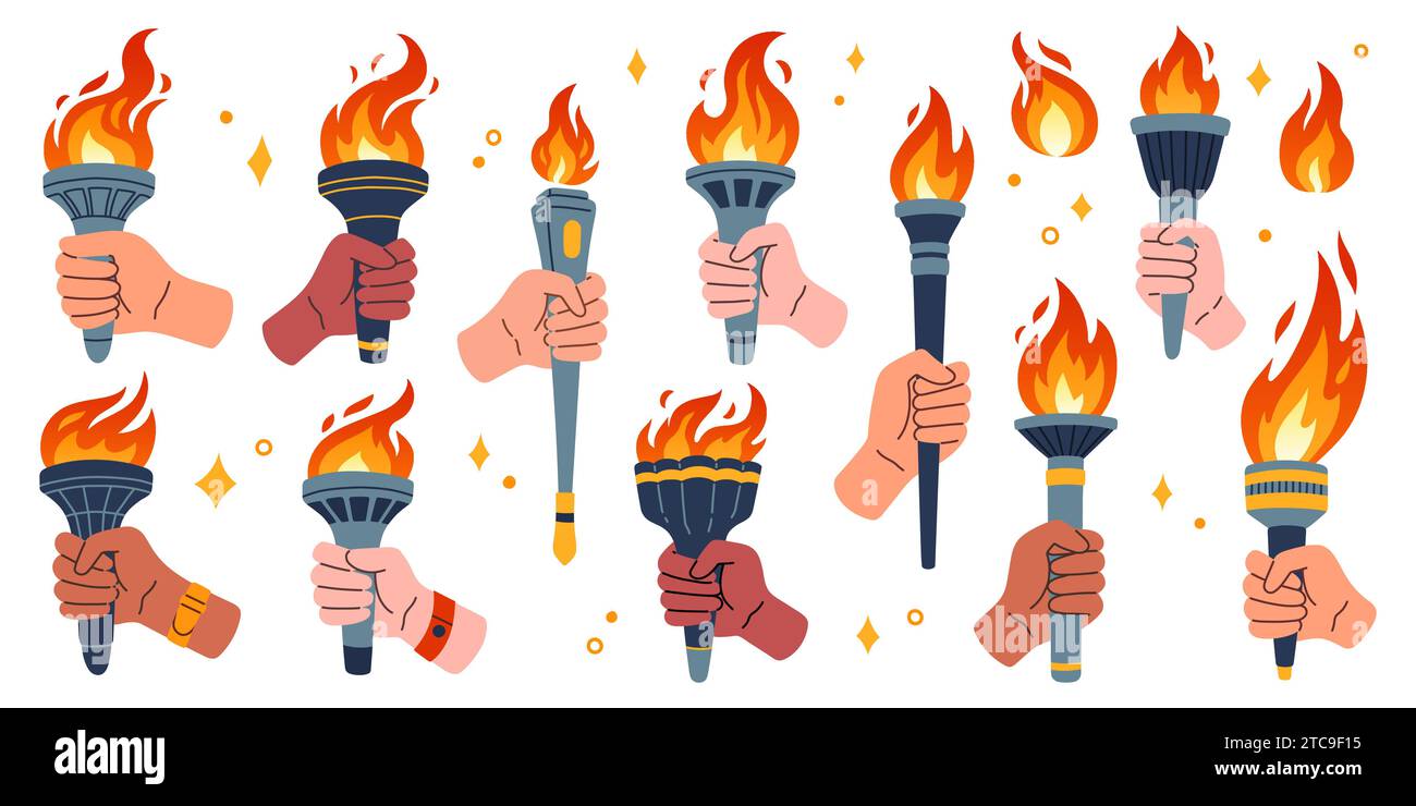 Olympic torch set. Vector isolated burning torches flames in hands. Symbols of relay race, competition victory, champion Stock Vector
