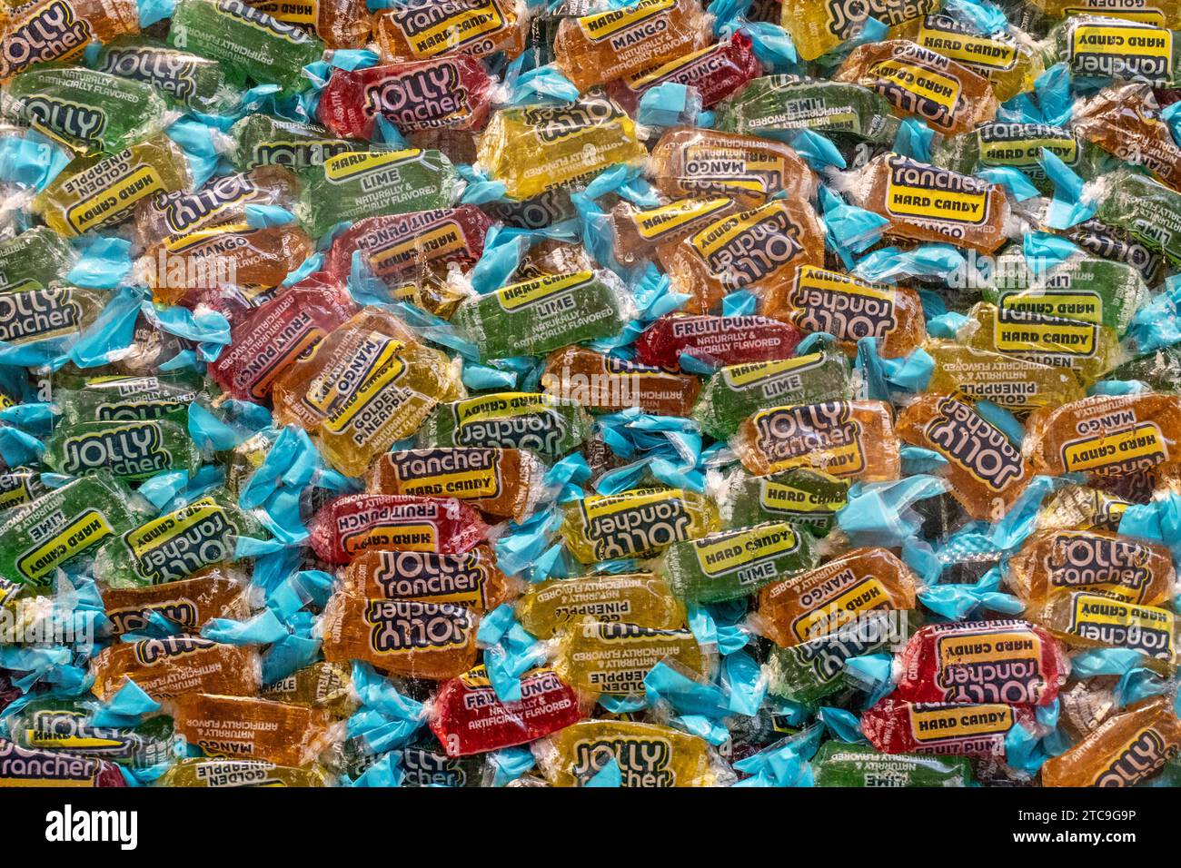 Hershey, Pennsylvania - December 8, 2023: Tropical Jolly Ranchers on display at Hershey Chocolate World retail store. Stock Photo