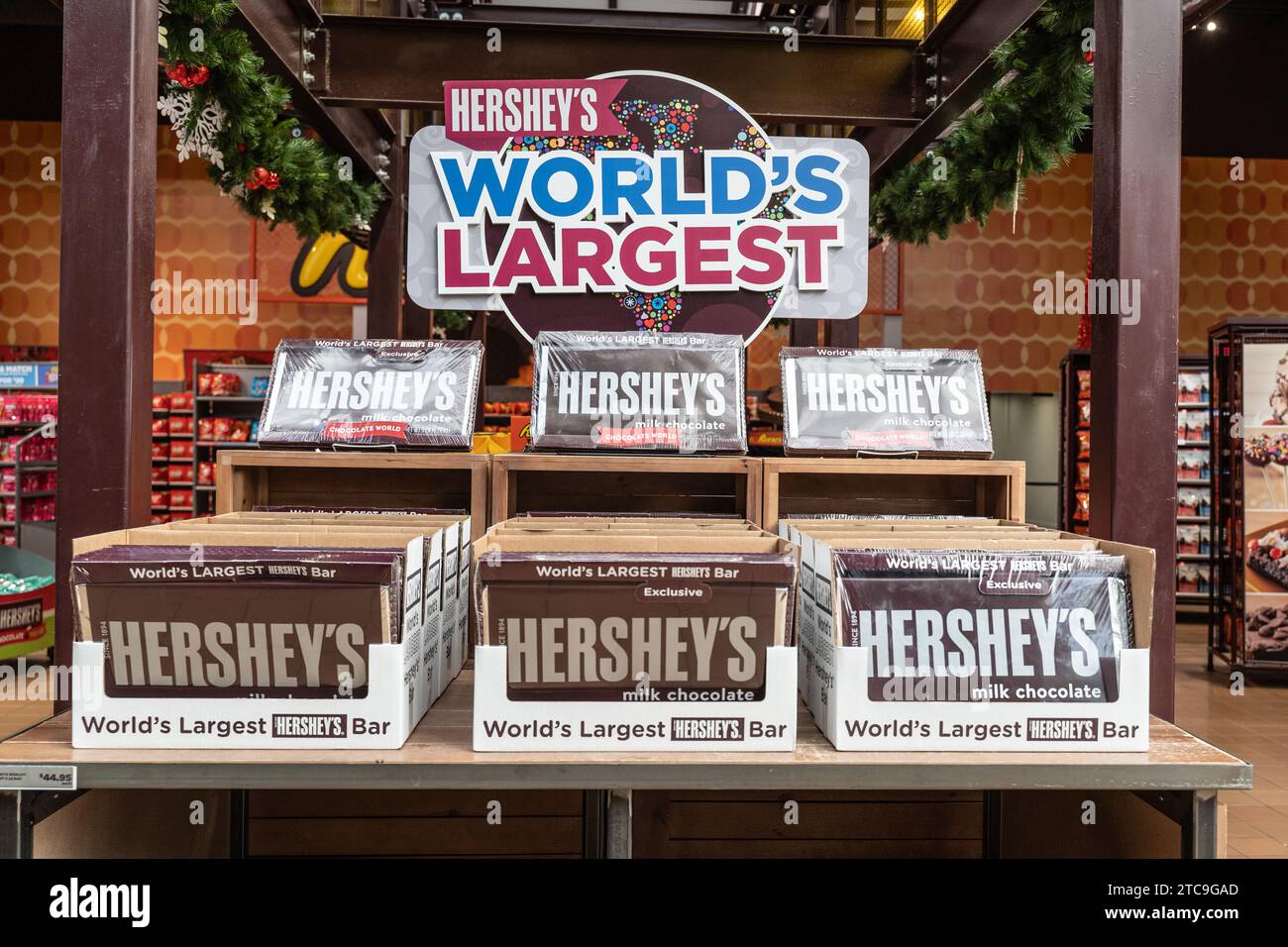 Hershey, Pennsylvania - December 8, 2023: Large Hersehy Candy Bars for sale at Chocolate World Retail Store. Stock Photo