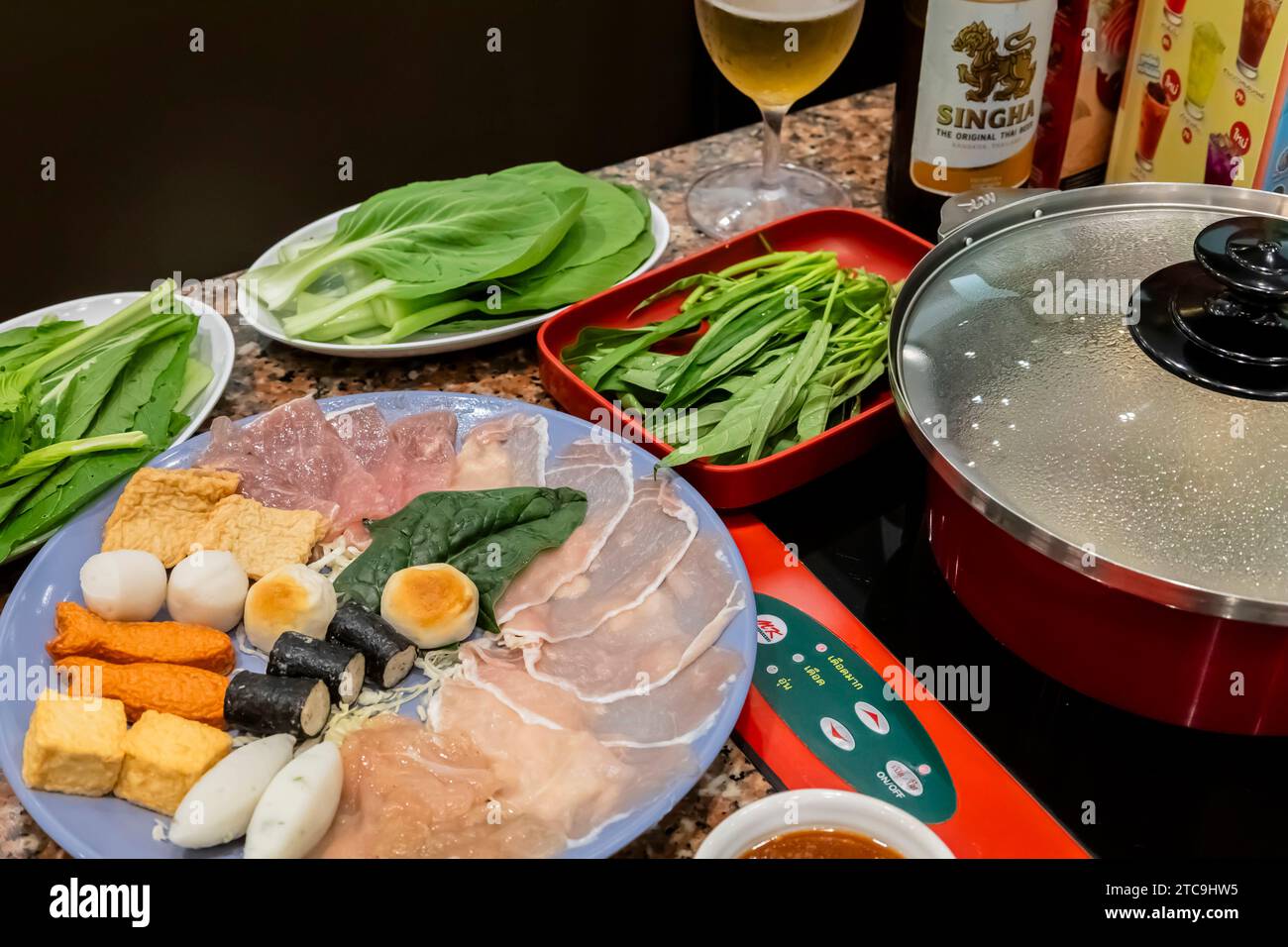 Traditional foods, 'Thai suki', 'sukiyaki','shabu' at popular restaurant, Nakhon Ratchasima, Isan, Thailand, Southeast Asia, Asia Stock Photo