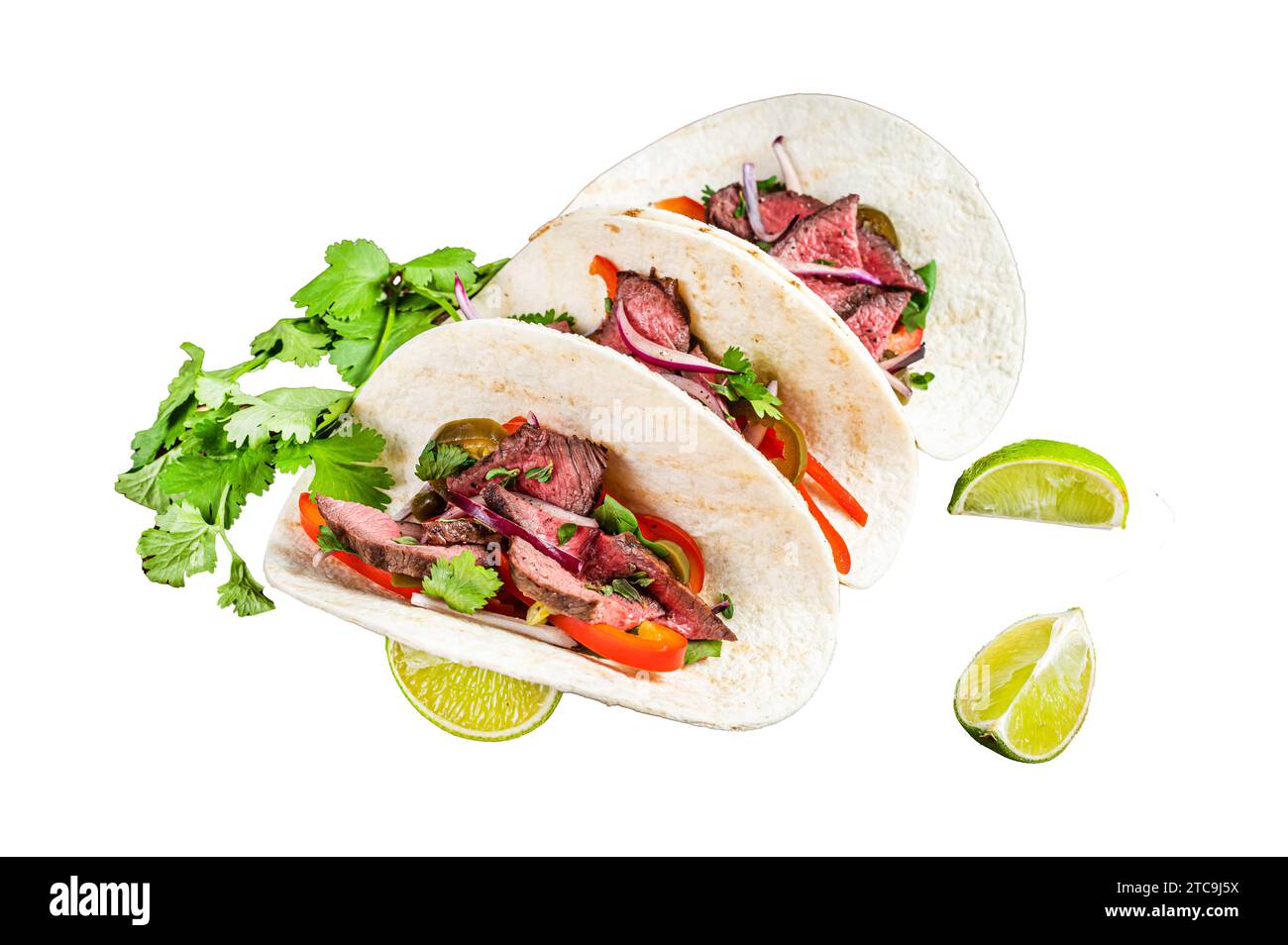 Carne Asada Tacos with grilled steak, green sauce, jalapenos and onion