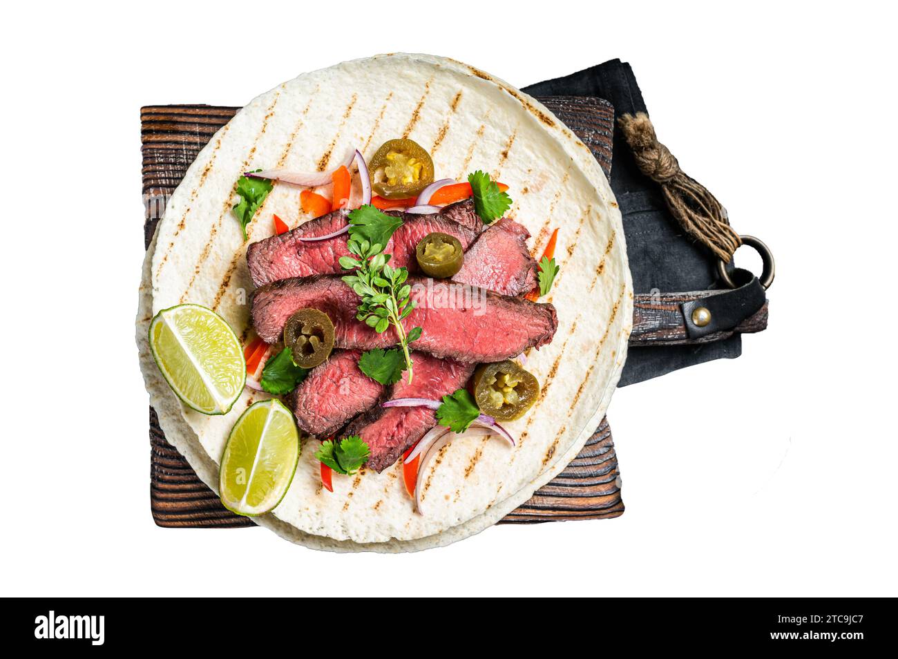 Tacos of mexican beef fajitas alambre with onion, jalapeno and bell
