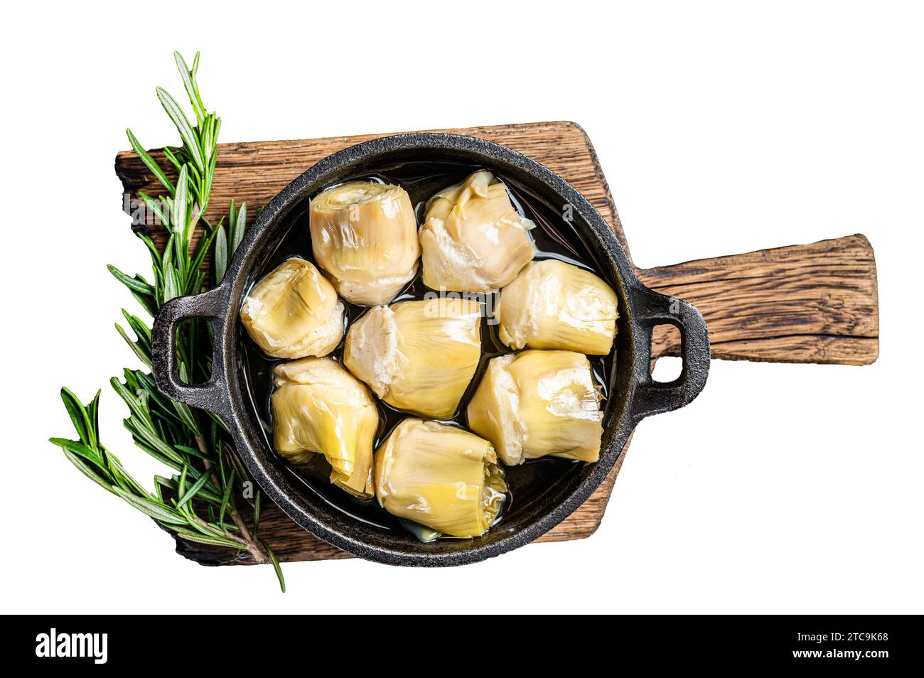 Artichoke hearts pickled in olive oil with herbs and spices Isolated, white background Stock
