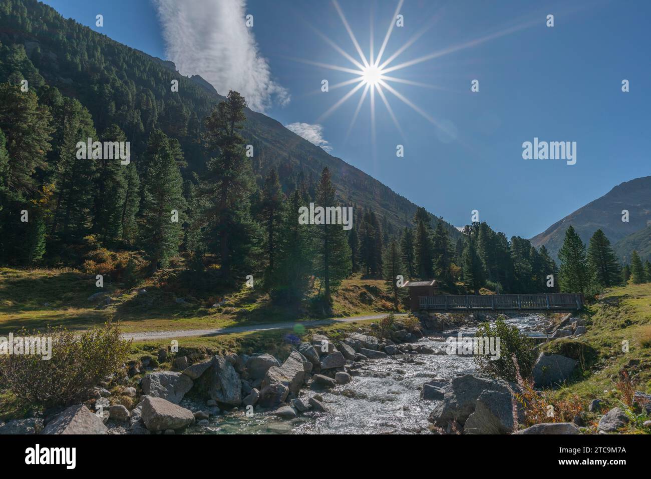 Schlegeis, Wooden bridge across Zamdergrund, Zillertal, Nature Park