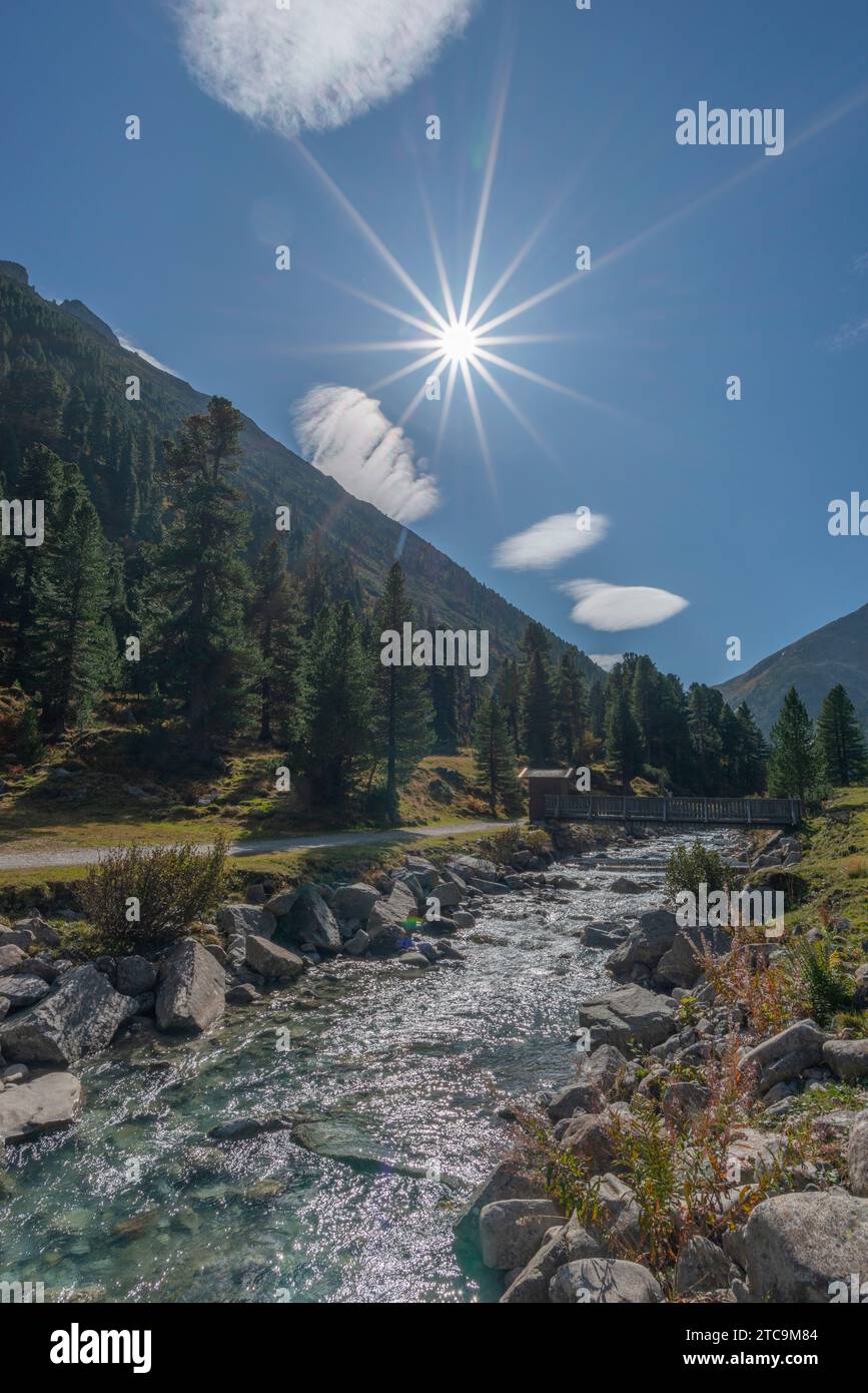 Schlegeis, Wooden bridge across Zamdergrund, Zillertal, Nature Park