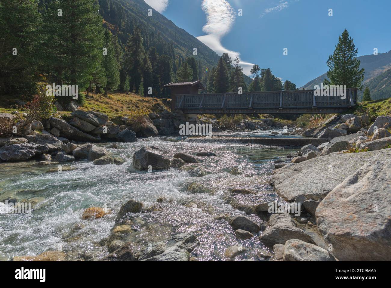 Schlegeis, Wooden bridge across Zamdergrund, Zillertal, Nature Park