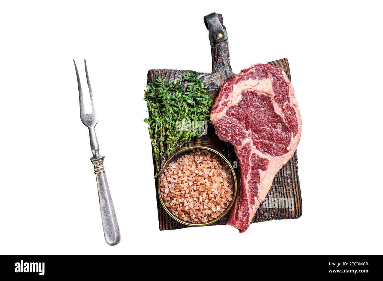 Raw uncooked black angus beef cowboy or rib eye steak. Isolated, white