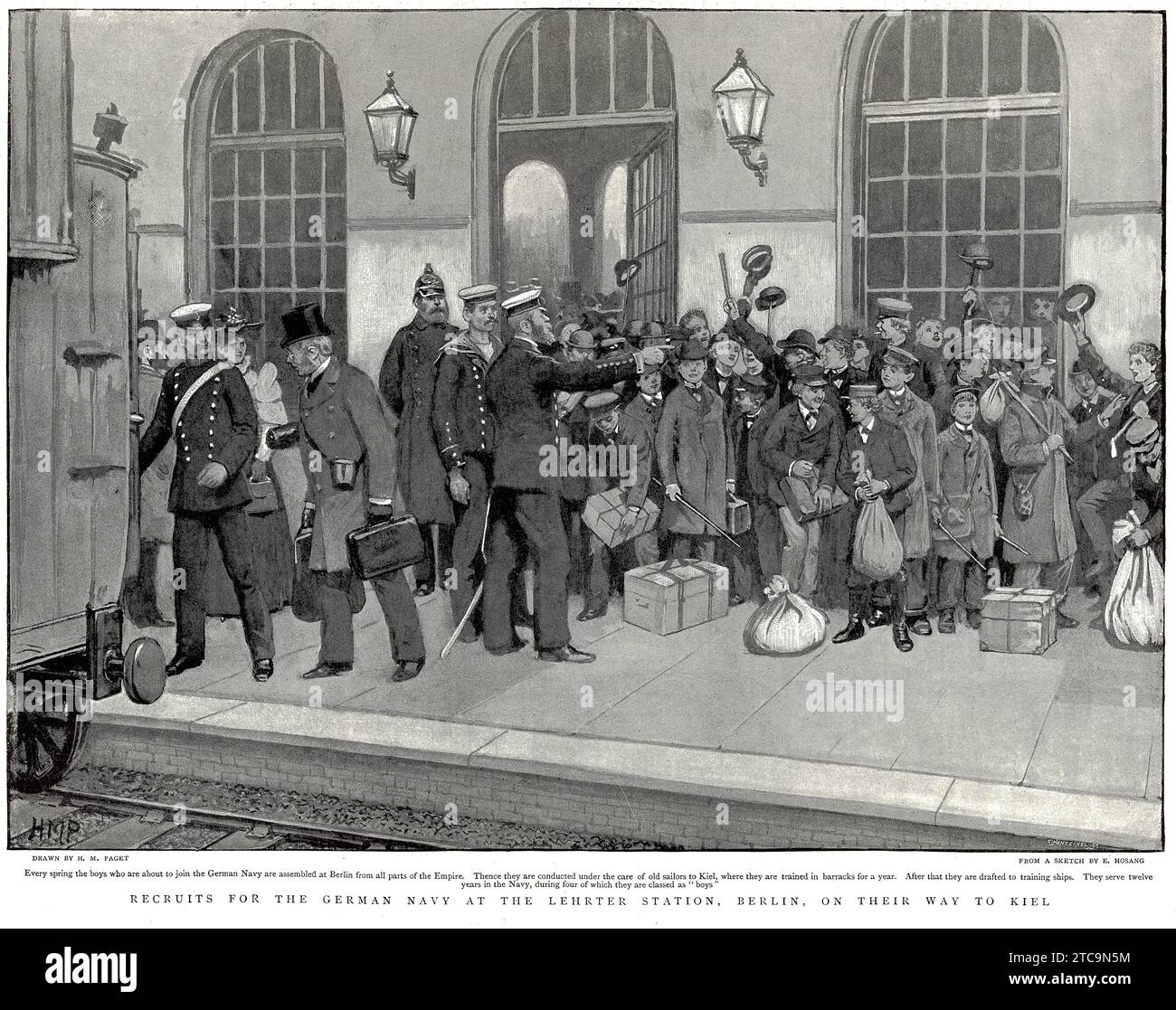 Recruits for the German navy at the Lehrter Station in Berlin, on their way to Kiel, from The Graphic magazine, 1896. Stock Photo
