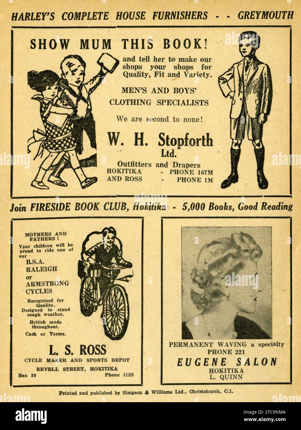 Advertisements on a school exercise book printed in Hokitika, New Zealand, circa 1930 Stock Photo