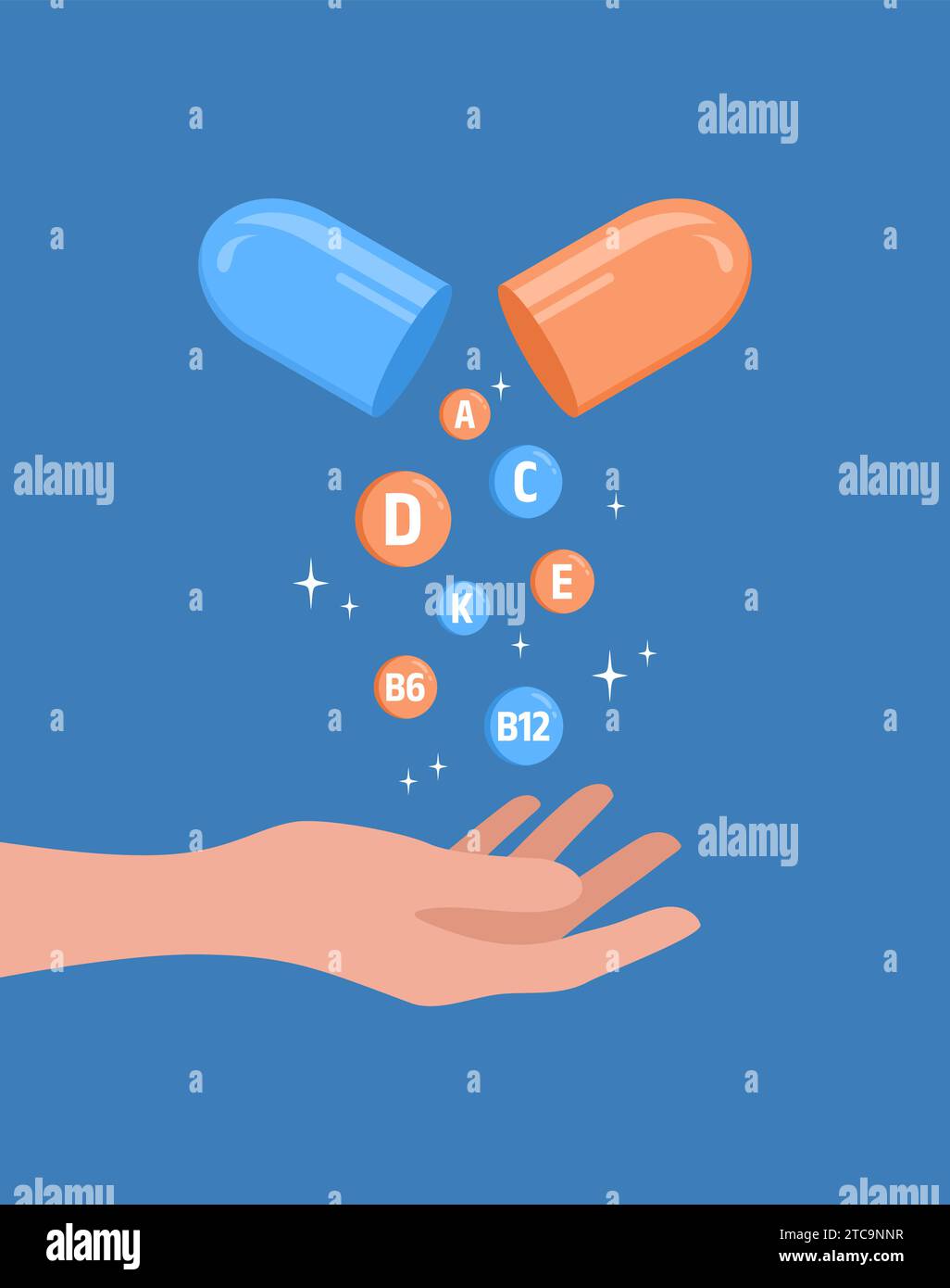 Open capsule and vitamins levitating above hand on blue background