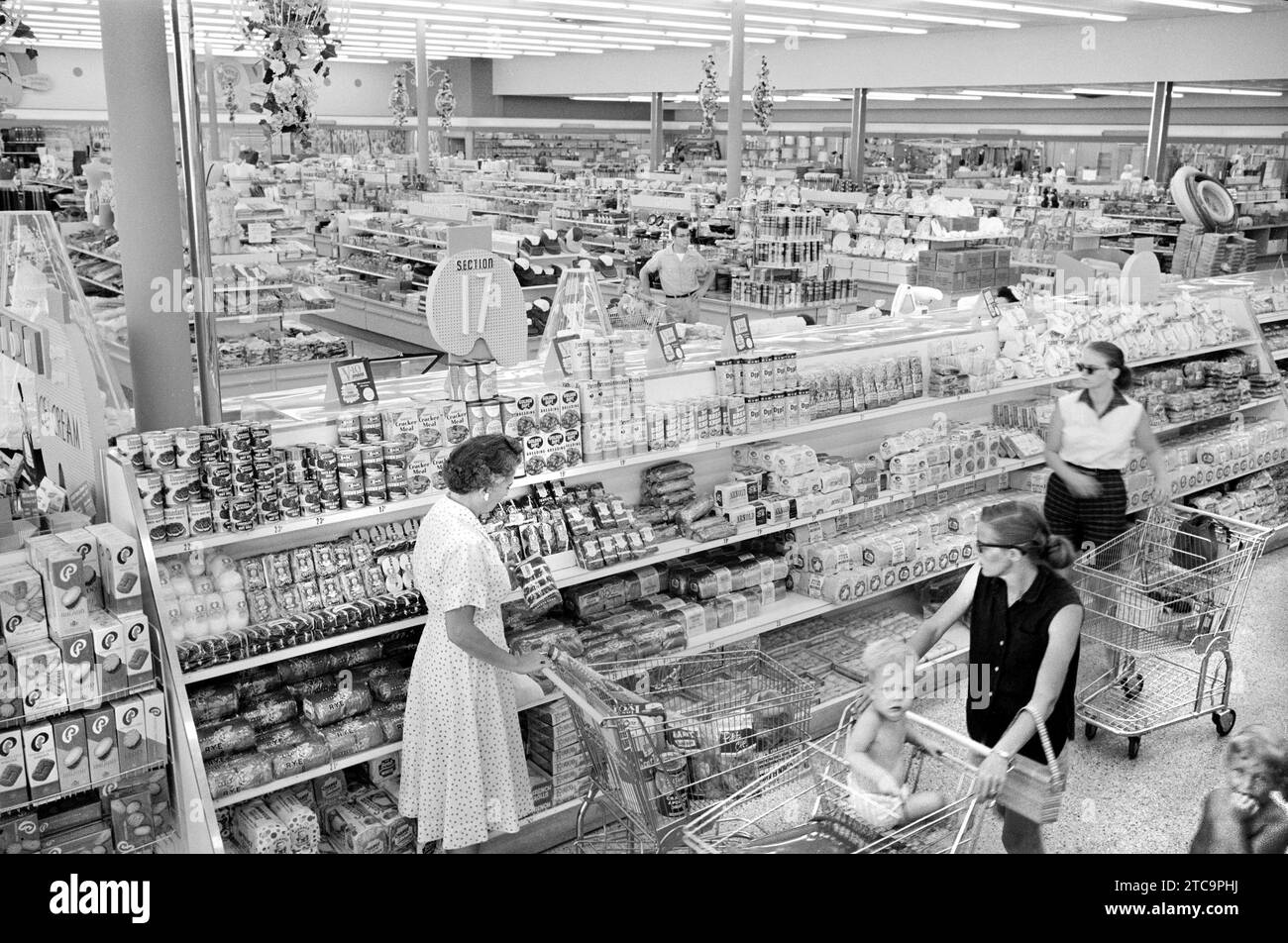 Women with shopping carts in supermarket, Washington, D.C., USA, Thomas J. O'Halloran, U.S. News & World Report Magazine Photograph Collection, June 1958 Stock Photo