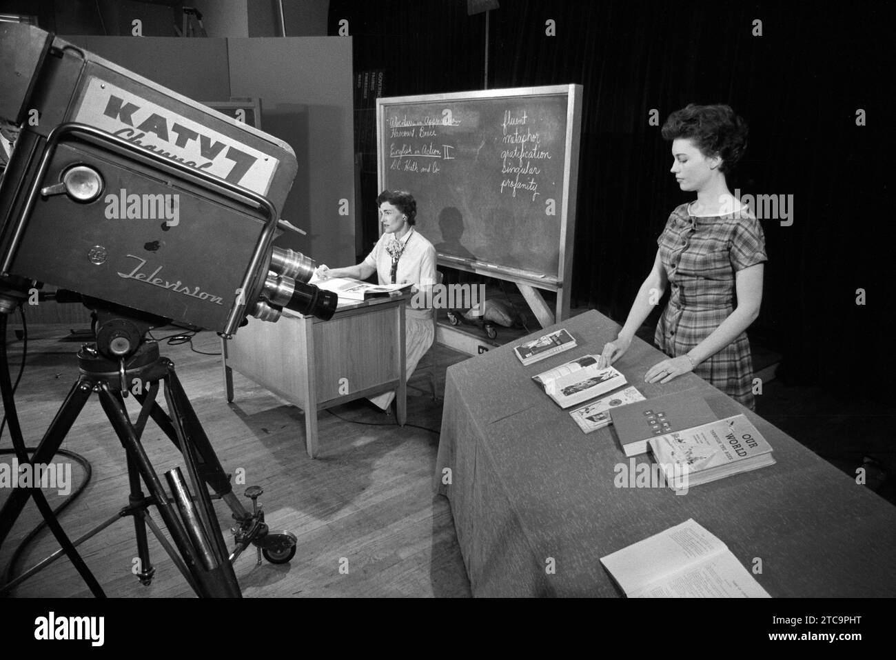 Two teachers teaching a class being broadcast by KATV 7 television, after high schools were closed to prevent integration, Little Rock, Arkansas, USA, Thomas J. O'Halloran, U.S. News & World Report Magazine Photograph Collection Stock Photo