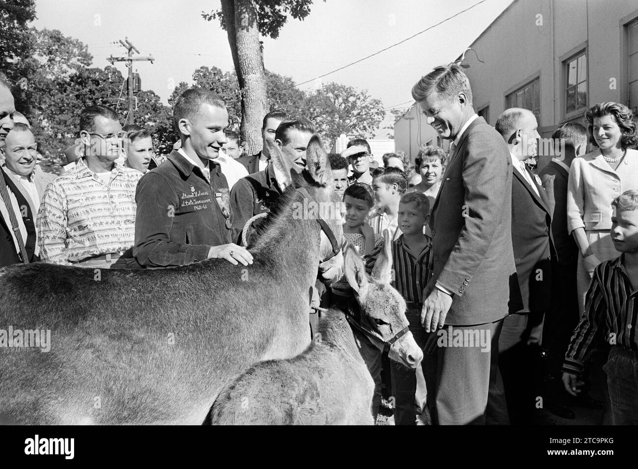 Massachusetts Senator John F. Kennedy with crowd and two donkeys during his presidential campaign, Salem, Oregon, USA, Thomas J. O'Halloran, U.S. News & World Report Magazine Photograph Collection, September 8, 1960 Stock Photo