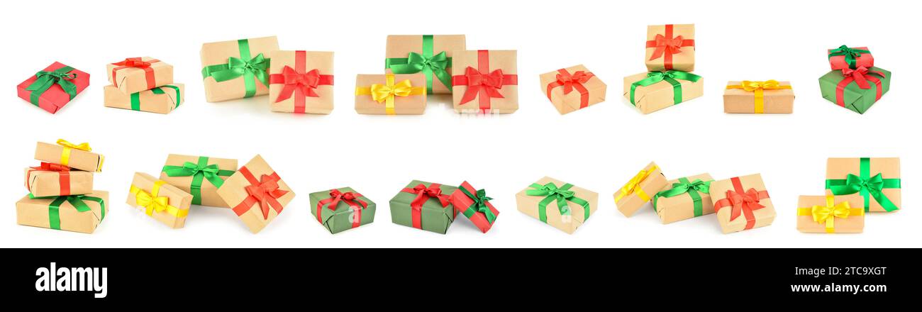 Set of many Christmas gift boxes on white background Stock Photo - Alamy