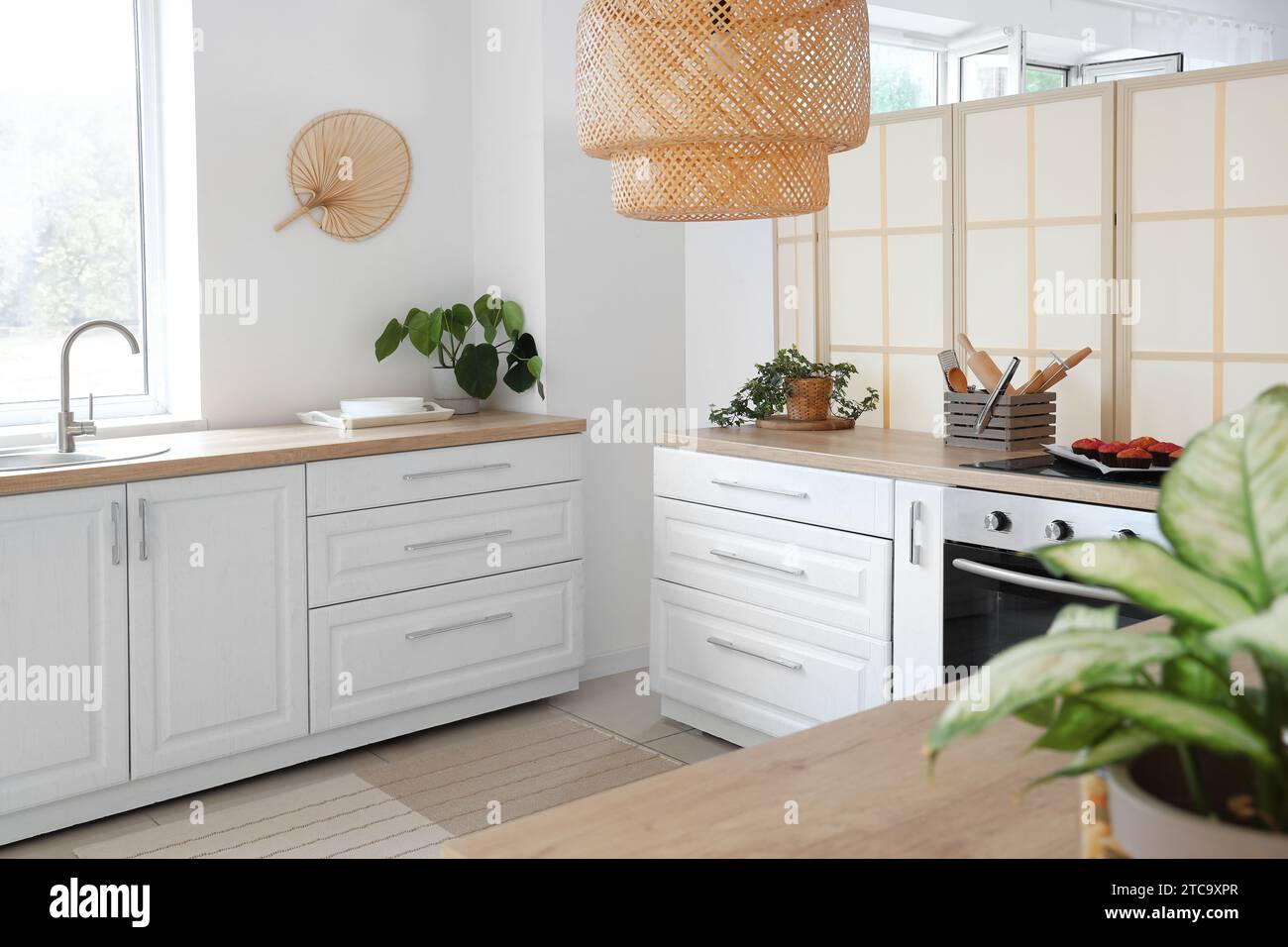 Interior of light kitchen with electric oven and white counters Stock ...
