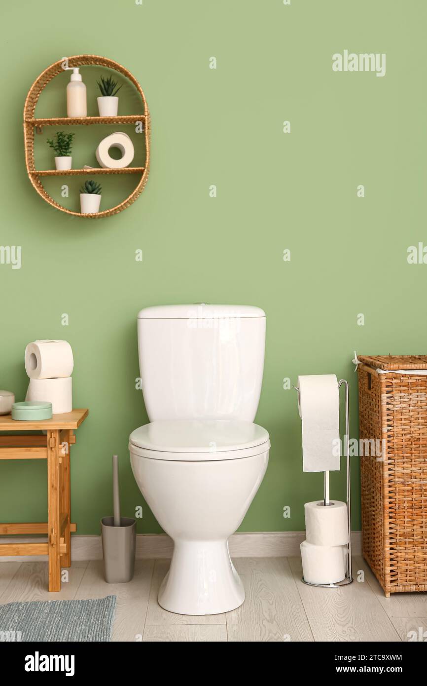 Stylish interior of modern restroom with ceramic toilet bowl Stock ...
