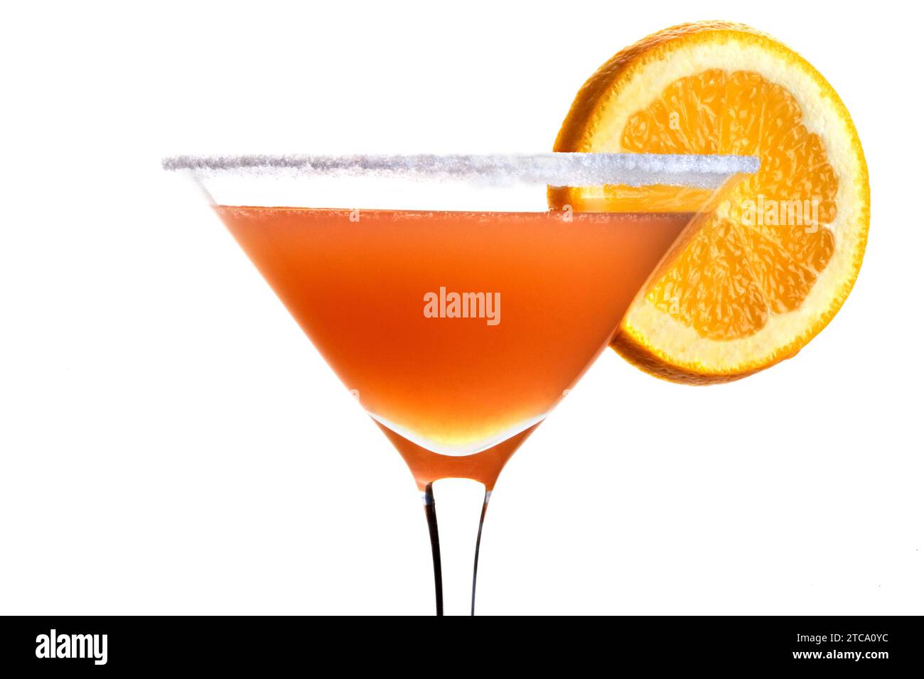 Sidecar mixed drink with orange garnish and sugar rim on plain white