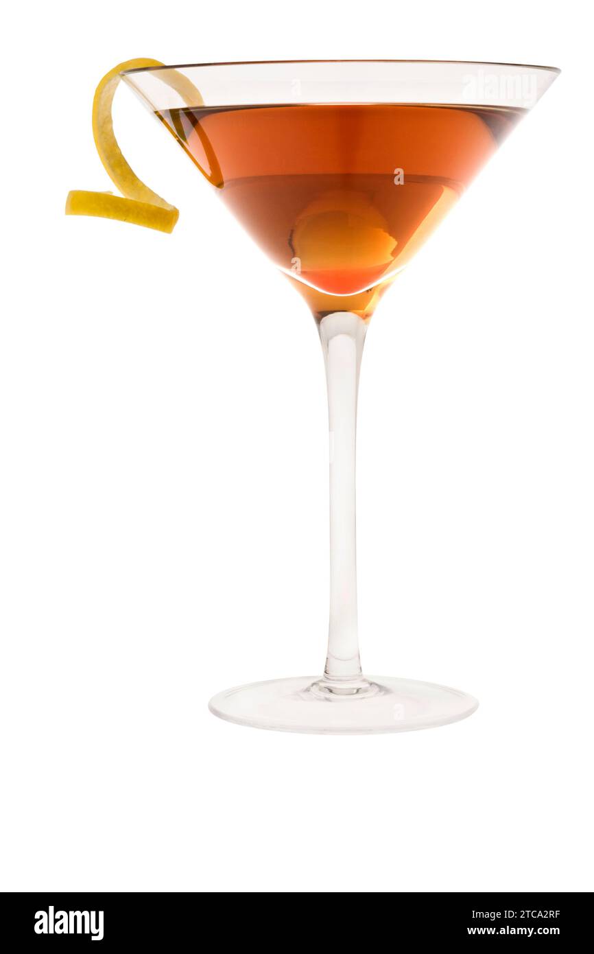 Dry Manhattan Cocktail with lemon peel on white background Stock Photo ... Dry Manhattan Cocktail with lemon peel on white background Stock Photo ...