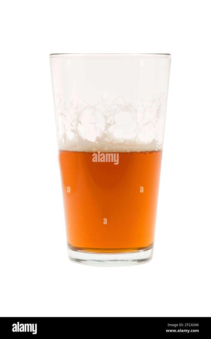 Pint of beer, ale, lager  on white background half empty Stock Photo